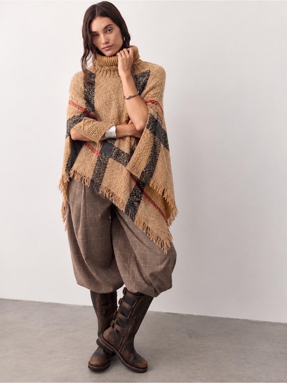 221. Turtleneck Plaid Fringe Poncho Sweater - Tan